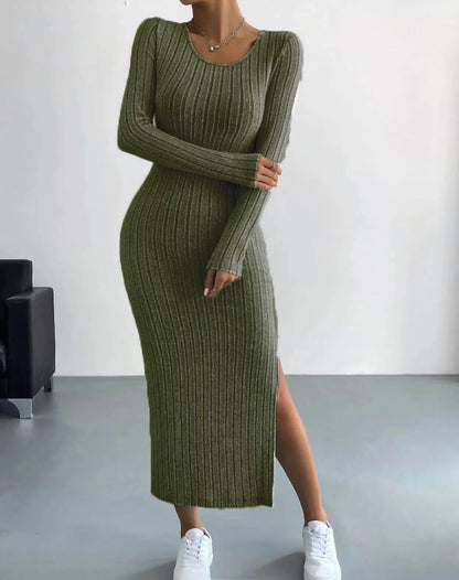 Casual Elegant Women Dresses 2023 Autumn Winter New Long Sleeve Round Neck Split Knit Fashion Slim Long Dress Female Clothing