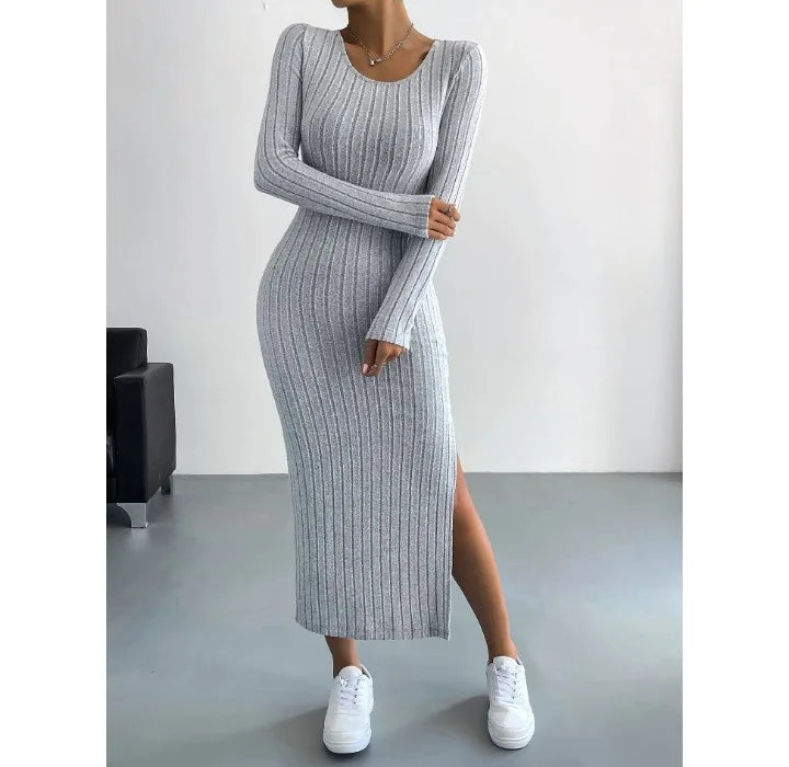 Casual Elegant Women Dresses 2023 Autumn Winter New Long Sleeve Round Neck Split Knit Fashion Slim Long Dress Female Clothing