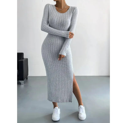 Casual Elegant Women Dresses 2023 Autumn Winter New Long Sleeve Round Neck Split Knit Fashion Slim Long Dress Female Clothing