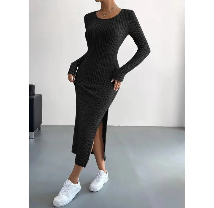 Casual Elegant Women Dresses 2023 Autumn Winter New Long Sleeve Round Neck Split Knit Fashion Slim Long Dress Female Clothing
