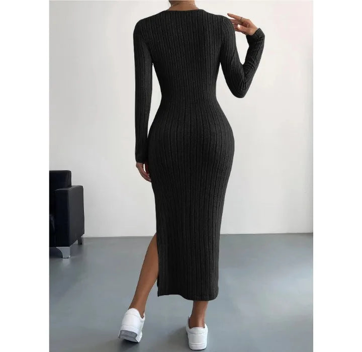 Casual Elegant Women Dresses 2023 Autumn Winter New Long Sleeve Round Neck Split Knit Fashion Slim Long Dress Female Clothing