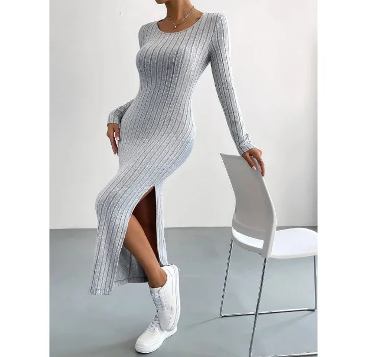 Casual Elegant Women Dresses 2023 Autumn Winter New Long Sleeve Round Neck Split Knit Fashion Slim Long Dress Female Clothing