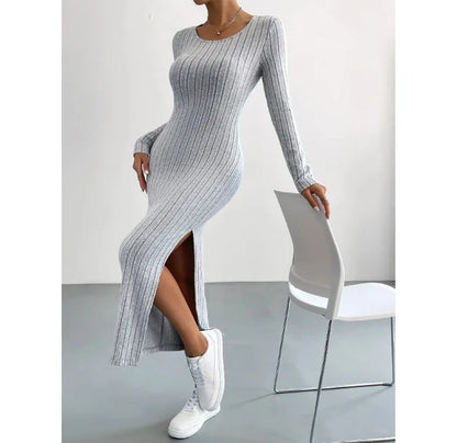 Casual Elegant Women Dresses 2023 Autumn Winter New Long Sleeve Round Neck Split Knit Fashion Slim Long Dress Female Clothing