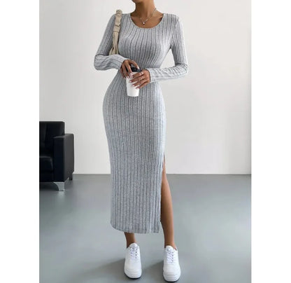 Casual Elegant Women Dresses 2023 Autumn Winter New Long Sleeve Round Neck Split Knit Fashion Slim Long Dress Female Clothing