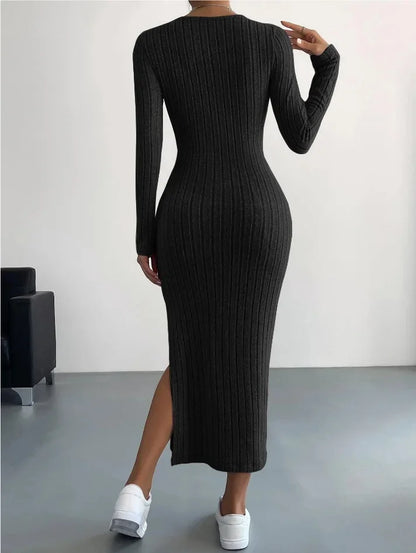 Casual Elegant Women Dresses 2023 Autumn Winter New Long Sleeve Round Neck Split Knit Fashion Slim Long Dress Female Clothing