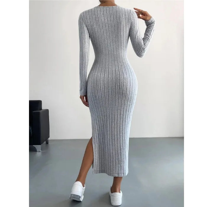 Casual Elegant Women Dresses 2023 Autumn Winter New Long Sleeve Round Neck Split Knit Fashion Slim Long Dress Female Clothing