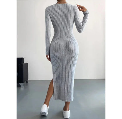 Casual Elegant Women Dresses 2023 Autumn Winter New Long Sleeve Round Neck Split Knit Fashion Slim Long Dress Female Clothing