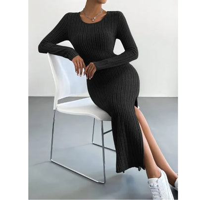 Casual Elegant Women Dresses 2023 Autumn Winter New Long Sleeve Round Neck Split Knit Fashion Slim Long Dress Female Clothing
