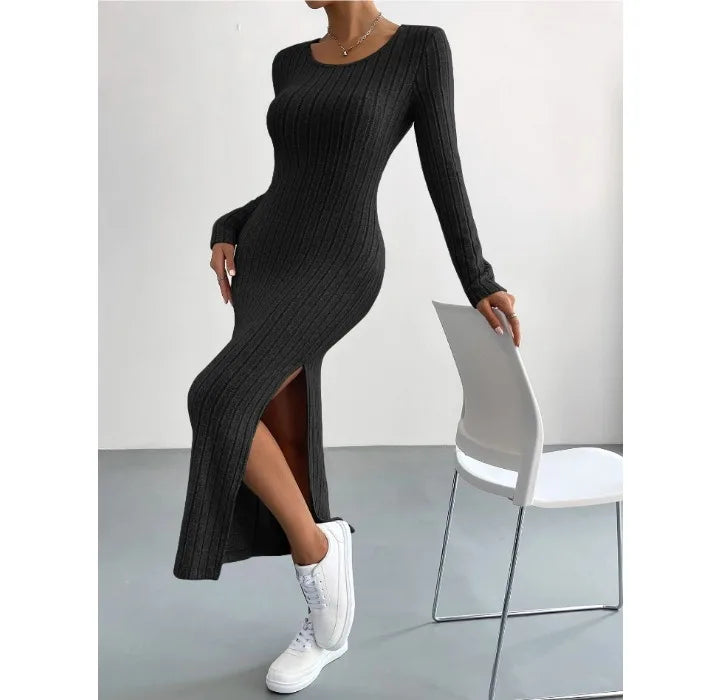 Casual Elegant Women Dresses 2023 Autumn Winter New Long Sleeve Round Neck Split Knit Fashion Slim Long Dress Female Clothing