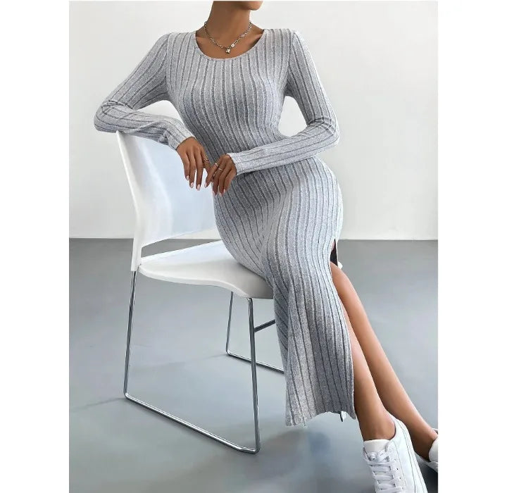 Casual Elegant Women Dresses 2023 Autumn Winter New Long Sleeve Round Neck Split Knit Fashion Slim Long Dress Female Clothing