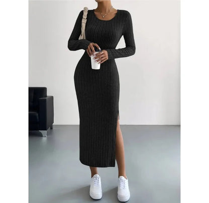 Casual Elegant Women Dresses 2023 Autumn Winter New Long Sleeve Round Neck Split Knit Fashion Slim Long Dress Female Clothing