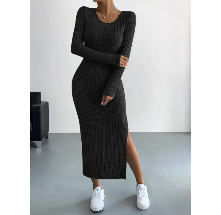 Casual Elegant Women Dresses 2023 Autumn Winter New Long Sleeve Round Neck Split Knit Fashion Slim Long Dress Female Clothing