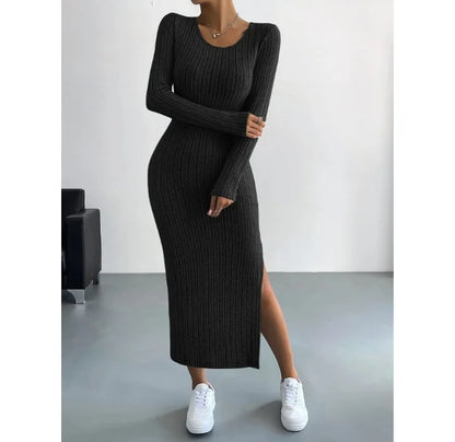 Casual Elegant Women Dresses 2023 Autumn Winter New Long Sleeve Round Neck Split Knit Fashion Slim Long Dress Female Clothing