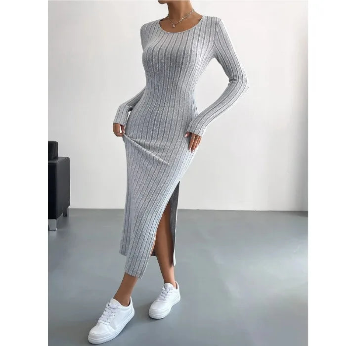 Casual Elegant Women Dresses 2023 Autumn Winter New Long Sleeve Round Neck Split Knit Fashion Slim Long Dress Female Clothing