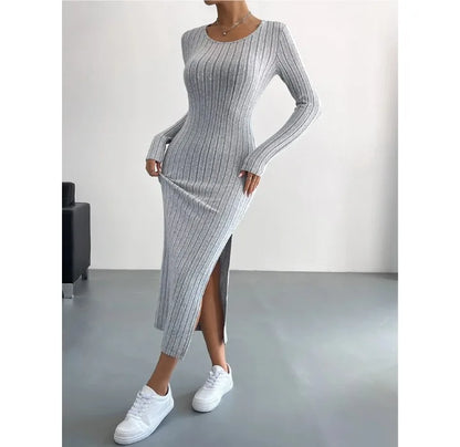 Casual Elegant Women Dresses 2023 Autumn Winter New Long Sleeve Round Neck Split Knit Fashion Slim Long Dress Female Clothing